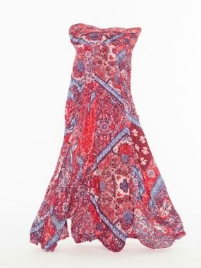 Free People , Vibrant Red And Blue Midi Tunic Top Flowy Handkerchief Size S